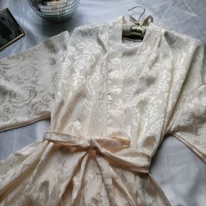 Ivory Satin Erika Taylor Intimates Long Floral Short Sleeve Robe, medium